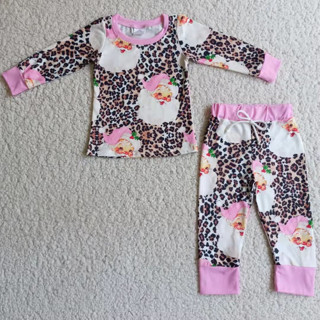 Promotion Baby Girl Long Sleeves Christmas Santa Leopard Shirt Pants Pajamas Pink Set