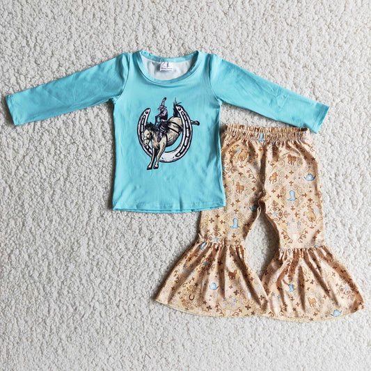 Promotion Baby Girl Long Sleeves Horse Bell Pants Western Outfit