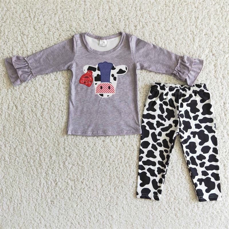 Promotion Baby Girl Long Sleeves Western Cow Print Pants Outfit