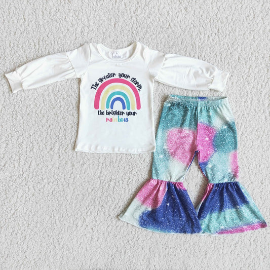 Promotion 6 A5-15 Baby Girl Rainbow Shirt Tie Dye Bell Pants set