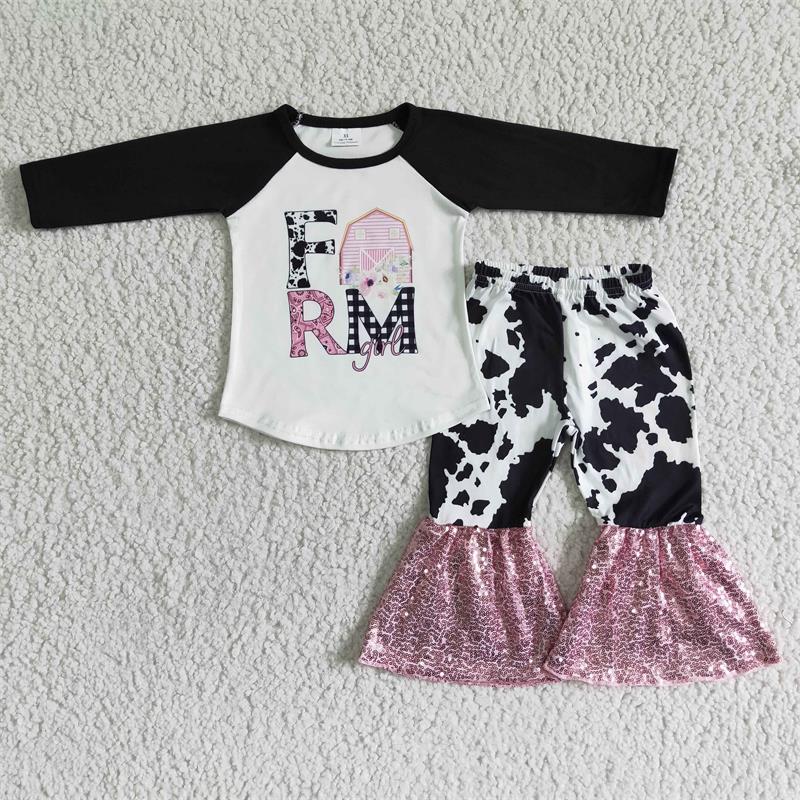 Promotion Baby Girl Long Sleeves Farm Cow Print Sequins Bell Pants Outfit