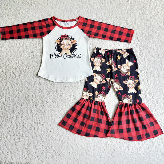 Promotion Christmas Heifer Plaid Bell Pants Baby Girl Outfit