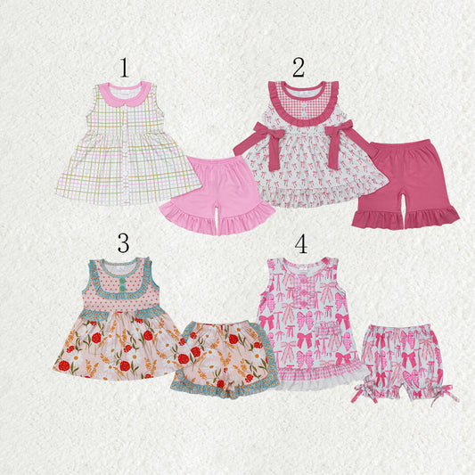 Baby Girl Sleeveless Bows Flower  Buttons Tunic Ruffle Shorts Set Sibling Clothes RTS