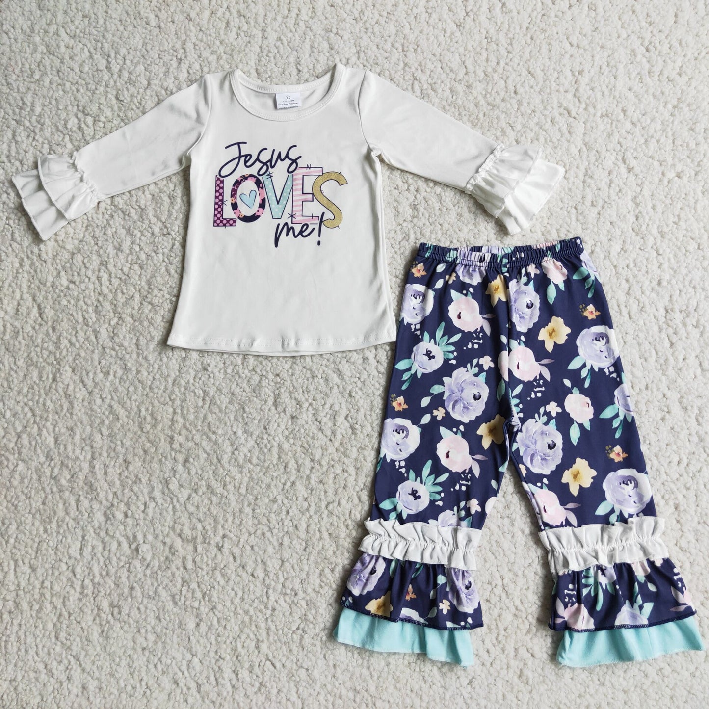 Promotion Baby Girl Long Sleeves Jesus Love Me Tops Floral Pants Outfit RTS