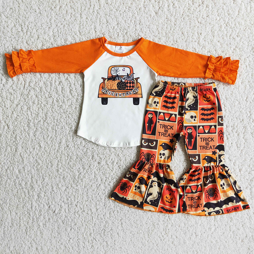 Promotion Baby Girl Halloween Pumpkin Ghost Shirt Bell Pants Outfit