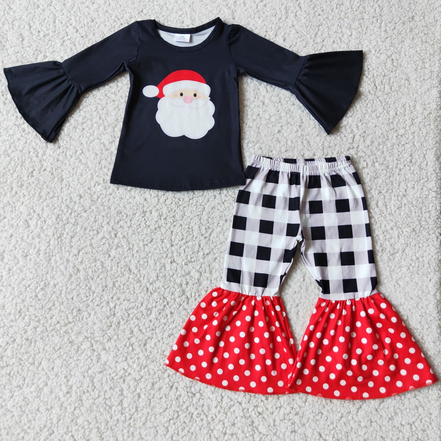 Promotion Baby Girl Christmas Santa Shirt Plaid Bell Pants Set RTS