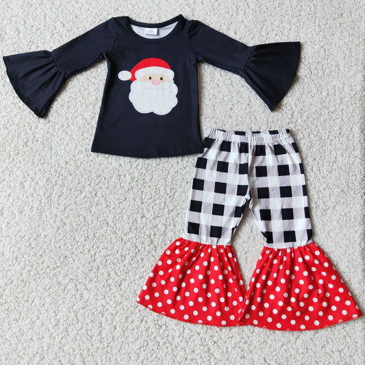 Promotion Baby Girl Christmas Santa Shirt Plaid Bell Pants Set RTS