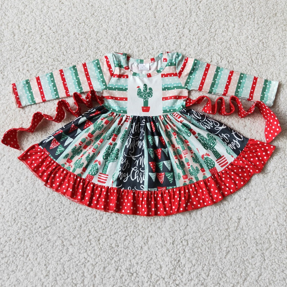 Promotion 6 A8-20 Baby Girl Christmas Long Sleeve Cactus Twirl Dress