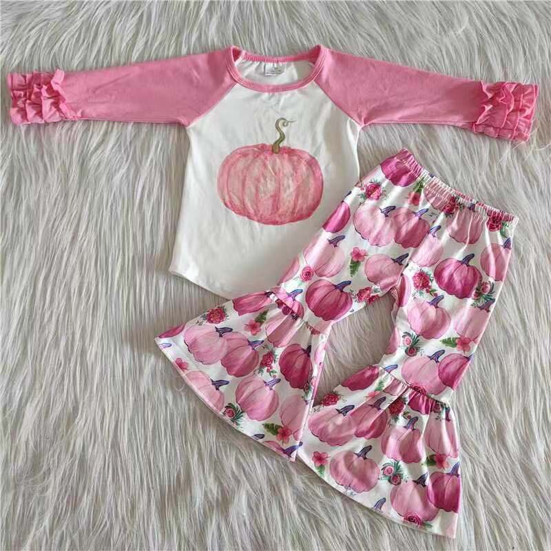 Promotion Baby Girl Long Sleeves Pink Pumpkin Floral Bell Pants Outfit