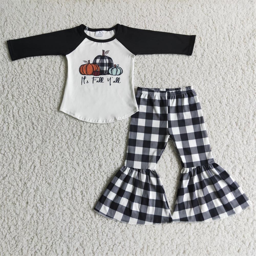 Promotion 6 A9-29 Baby Girl Long Sleeves Pumpkin Plaid Bell Pants Fall Outfit