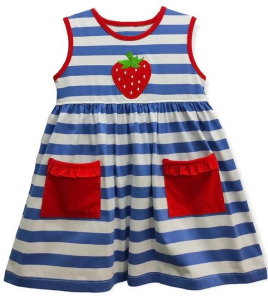 Moq 3 Pre-order GSD0941 Baby Girl Strawberry Pocket Stripes Sleeveless Dress