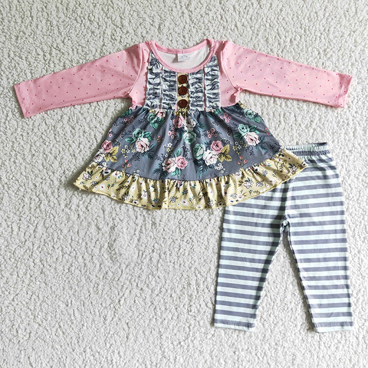 Promotion 6 B0-17 Baby Girl Long Sleeves Floral Stripes Pants Outfit