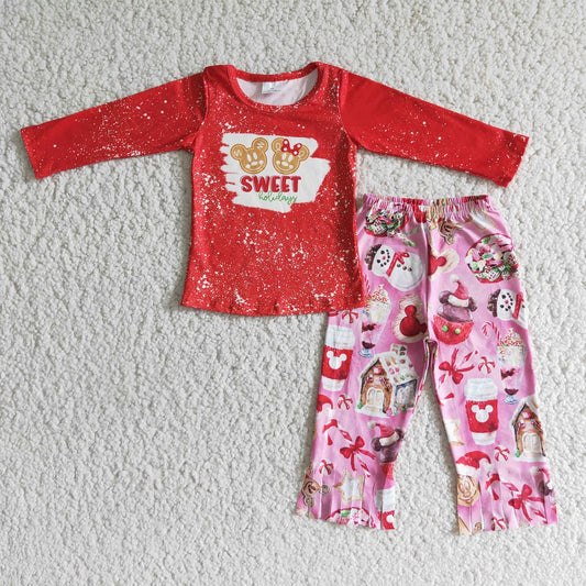 Promotion Baby Girl Christmas Cartoon Long Sleeves Pants Pajamas Outfit