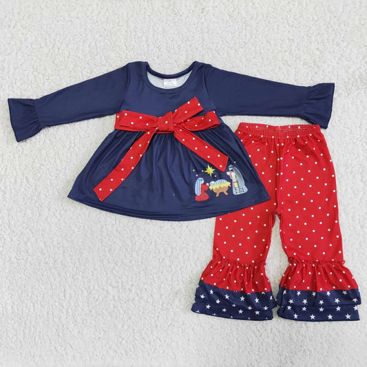 Promotion Baby Girl Long Sleeves Christmas Nativity Tunic Red Pants Set