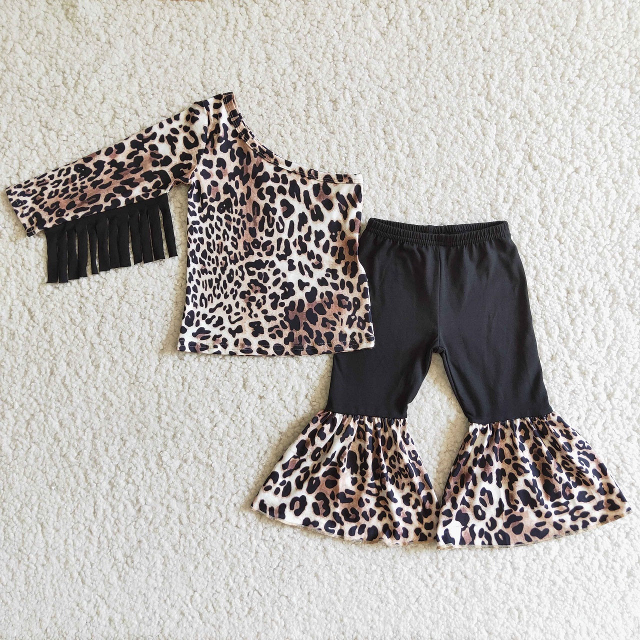 Promotion 6 B1-20 Baby Girl Leopard Tassel One Shoulder Bell Pants Outfit