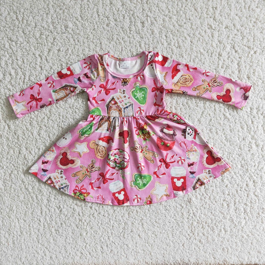 Promotion 6 B1-3 Baby Girl Christmas Long Sleeves Cartoon Pink Twirl Dress