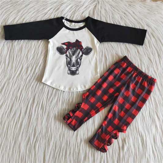 Promotion Baby Girl Long Sleeves Cow Shirt Red Black Plaid Pants Outfit