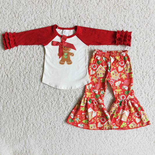 Promotion 6 B10-37 Baby Girl Christmas Gingerbread Shirt Bell Pants Set