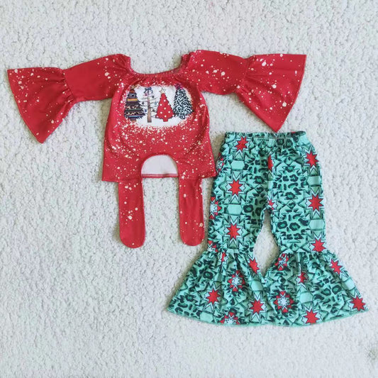 Promotion Baby Girl Red Long Sleeves Christmas Tree Tops Bell Pants Outfit