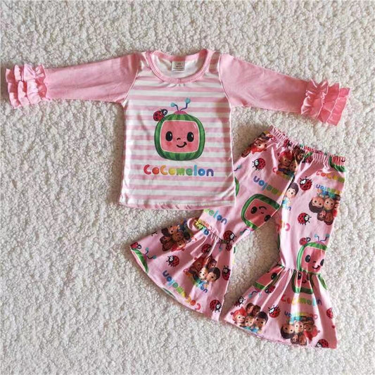 Promotion Baby Girl Long Sleeves Melon Bell Pants Pink Outfit