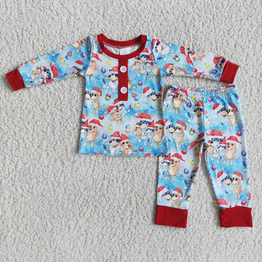 Promotion Baby Girl Long Sleeves Christmas Dog Shirt Pants Pajamas Blue Set