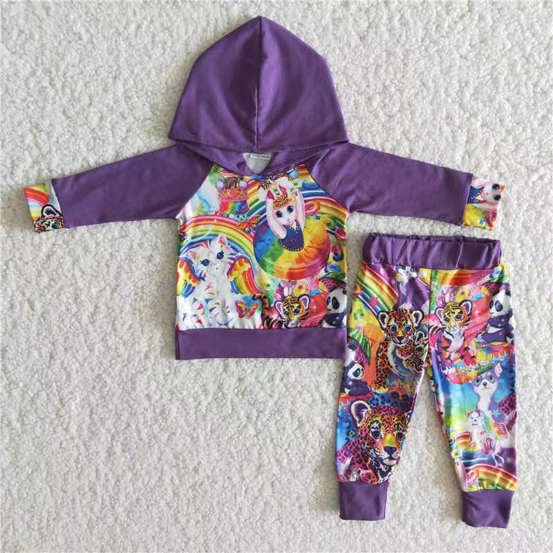 Promotion 6 B11-3 Baby Kids Purple Long Sleeves Rainbow Hoodie Shirt Pants Set