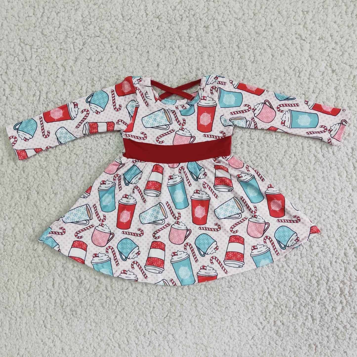 Promotion Baby Girl Long Sleeves Cups Candy Cane Twirl Christmas Dress RTS