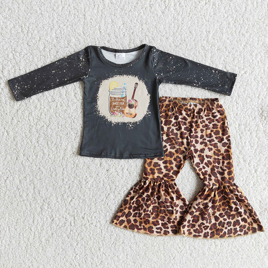 Promotion Baby Girl Guitar Tops Leopard Bell Pants Outfit