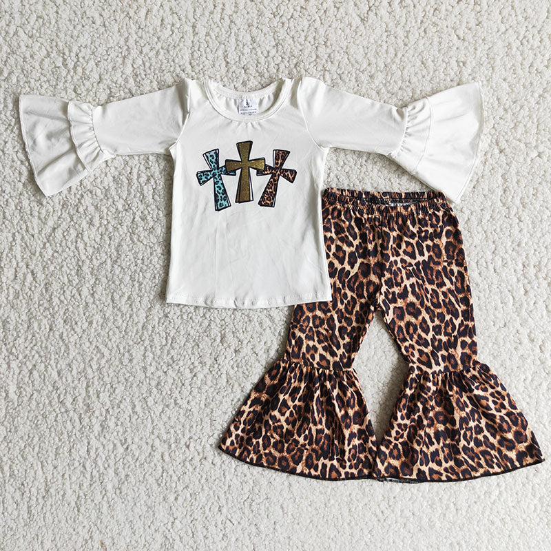 Promotion 6 B13-19 Easter Baby Girl Long Sleeves Cross Shirt Leopard Bell Pants Set