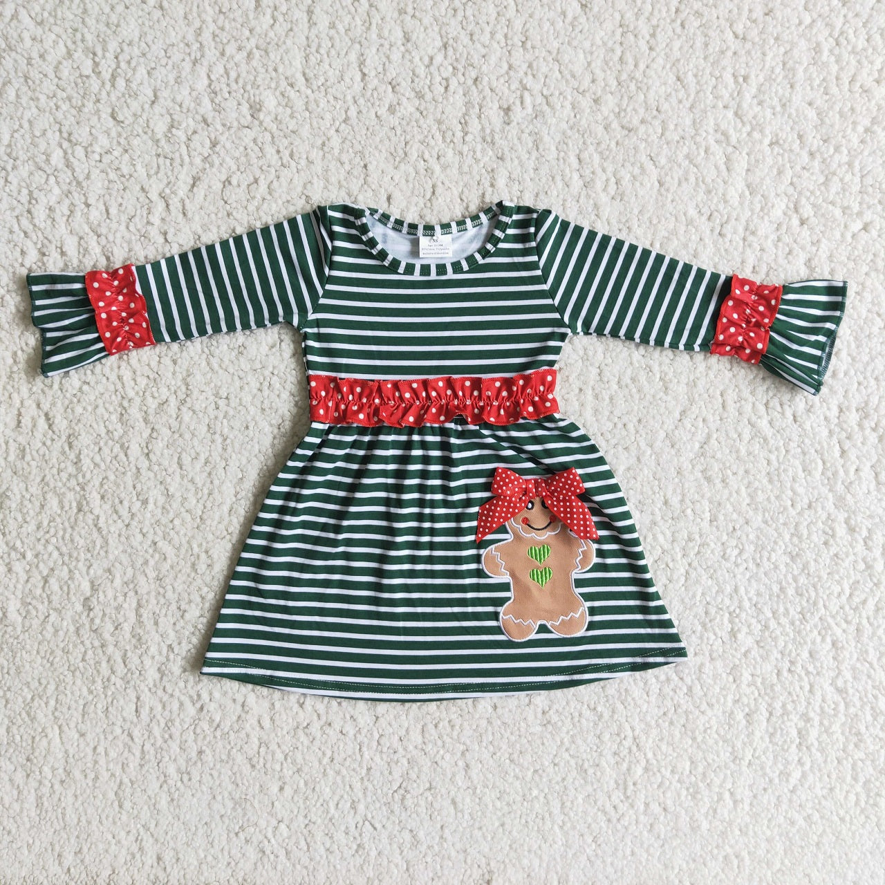 Promotion Baby Girl Long Sleeves Christmas Embroidery Gingerbread Green Stripes Dress