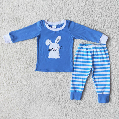 Promotion 6 B13-27 Easter Baby Boy Embroidery Rabbit Blue Stripe Pants Pajamas Set