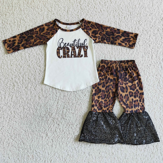 Promotion 6 B2-14 Baby Girl Crazy Shirts Leopard Sequins Bell Pants Set