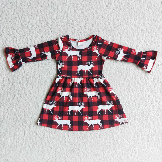 Promotion Baby Girl Long Sleeves Christmas Deer Plaid Dress