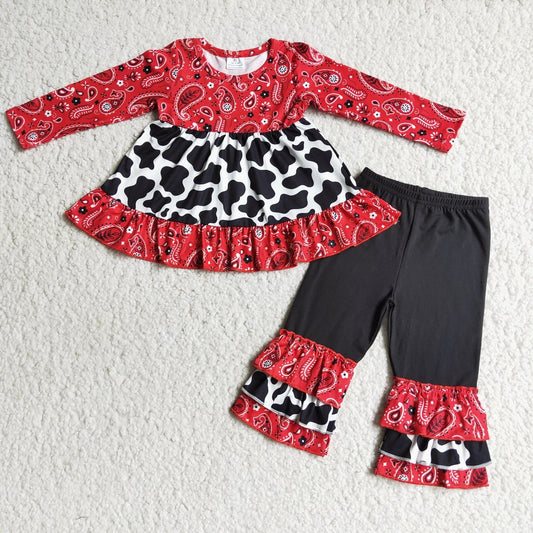 Promotion 6 B2-23 Baby Girl Western Cow Print Shirt Pants Set