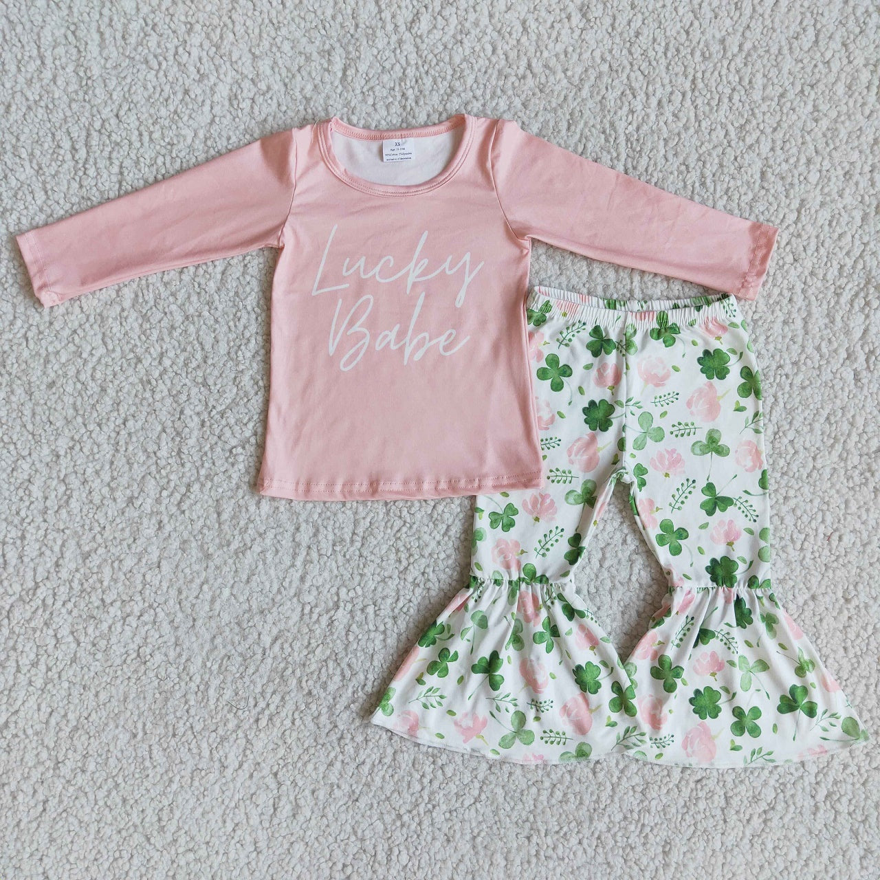 Promotion 6 B2-25 Baby Girl Long Sleeves St. Patrick's Day Floral Bell Pants Set