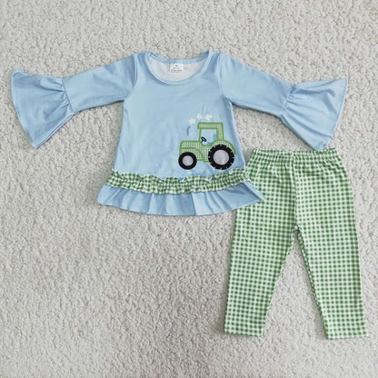 Promotion 6 B2-37 Baby Girl Tractor Farm Plaid Pants Outfit