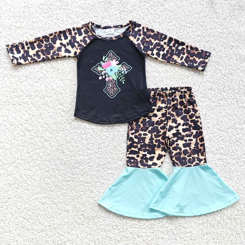 Promotion Baby Girl Long Sleeves Cross Floral Leopard Bell Pants Outfit