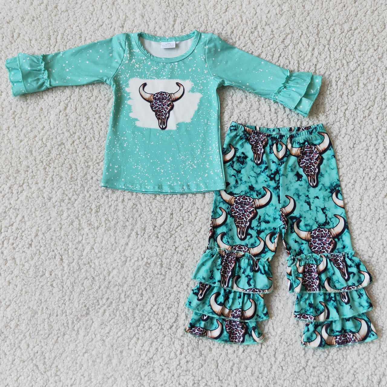 Promotion Baby Girl Long Sleeves Western Cow Print Ruffle Pants Outfit