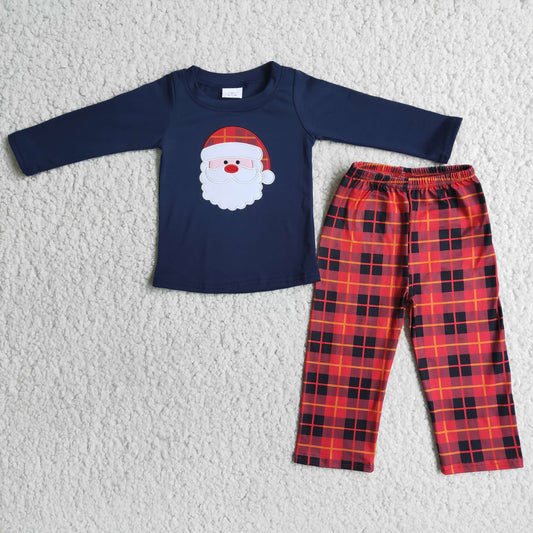 Promotion 6 B3-37 Baby Boy Christmas Santa Embroidery Tops Plaid Pants Pajamas Set