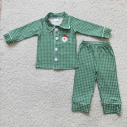 Baby Boy Girl Long Sleeves Christmas Santa Green Plaid Sibling Gowns Dress Pajamas Set