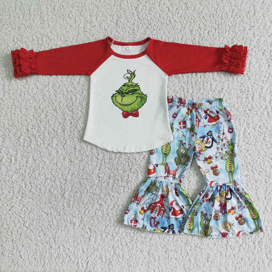 Promotion Baby Girl Christmas Long Sleeve Face Bell Pants Outfit RTS
