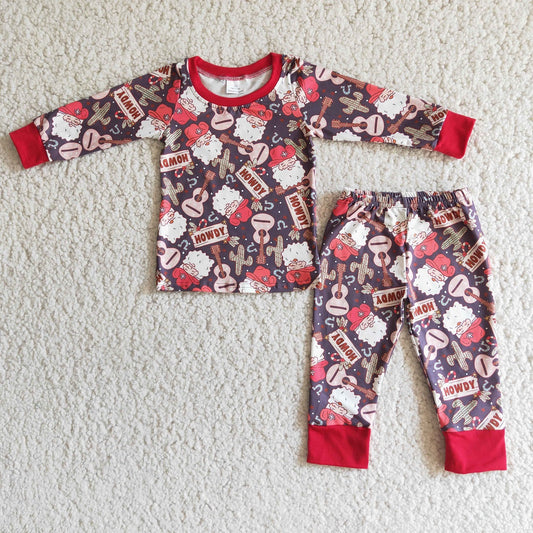 Promotion Baby Boy Long Sleeves Christmas Santa Howdy Guitar Cactus Pajamas Outfit