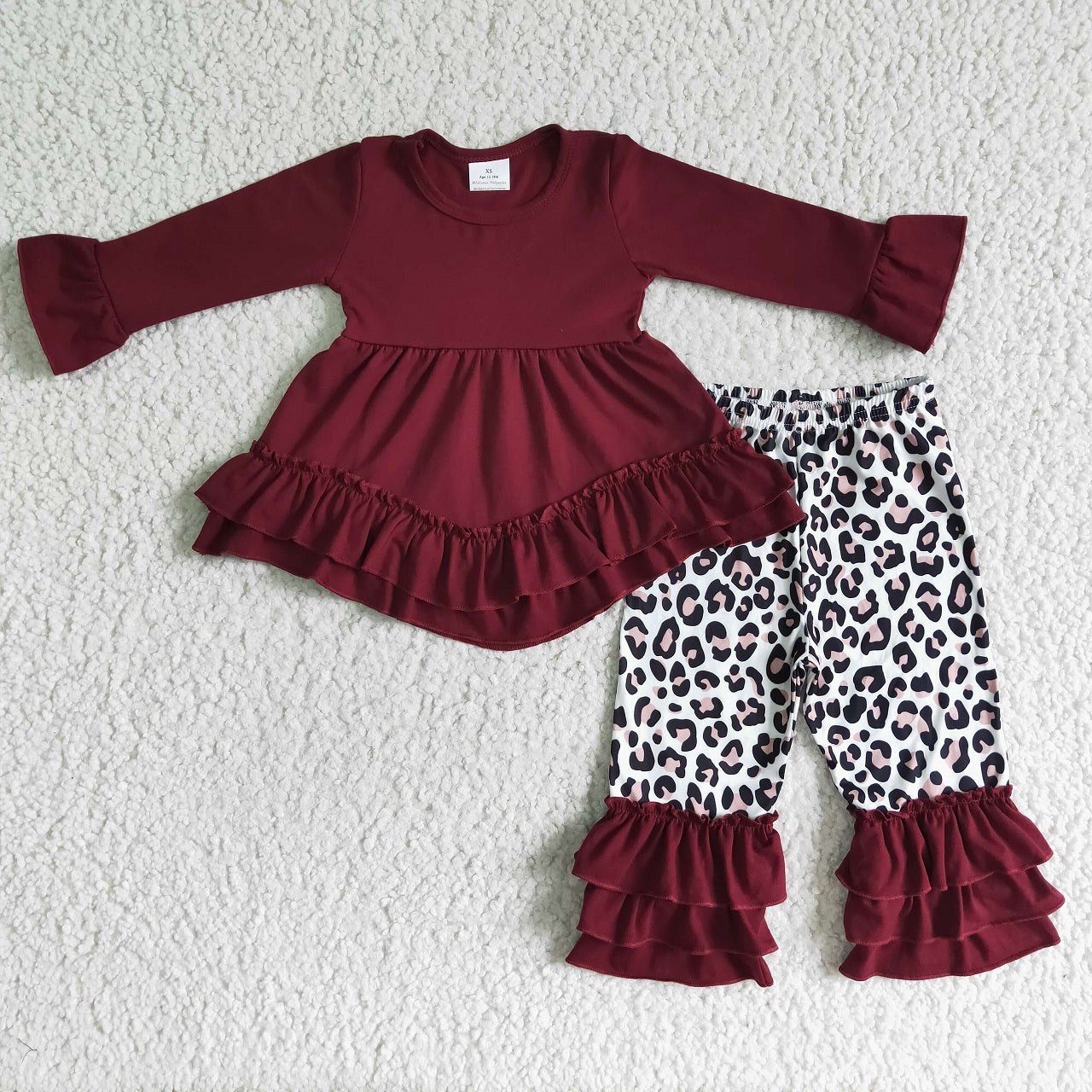 Promotion 6 B4-38 Baby Girl Long Sleeves Cotton Tunic Leopard Ruffle Pants Set