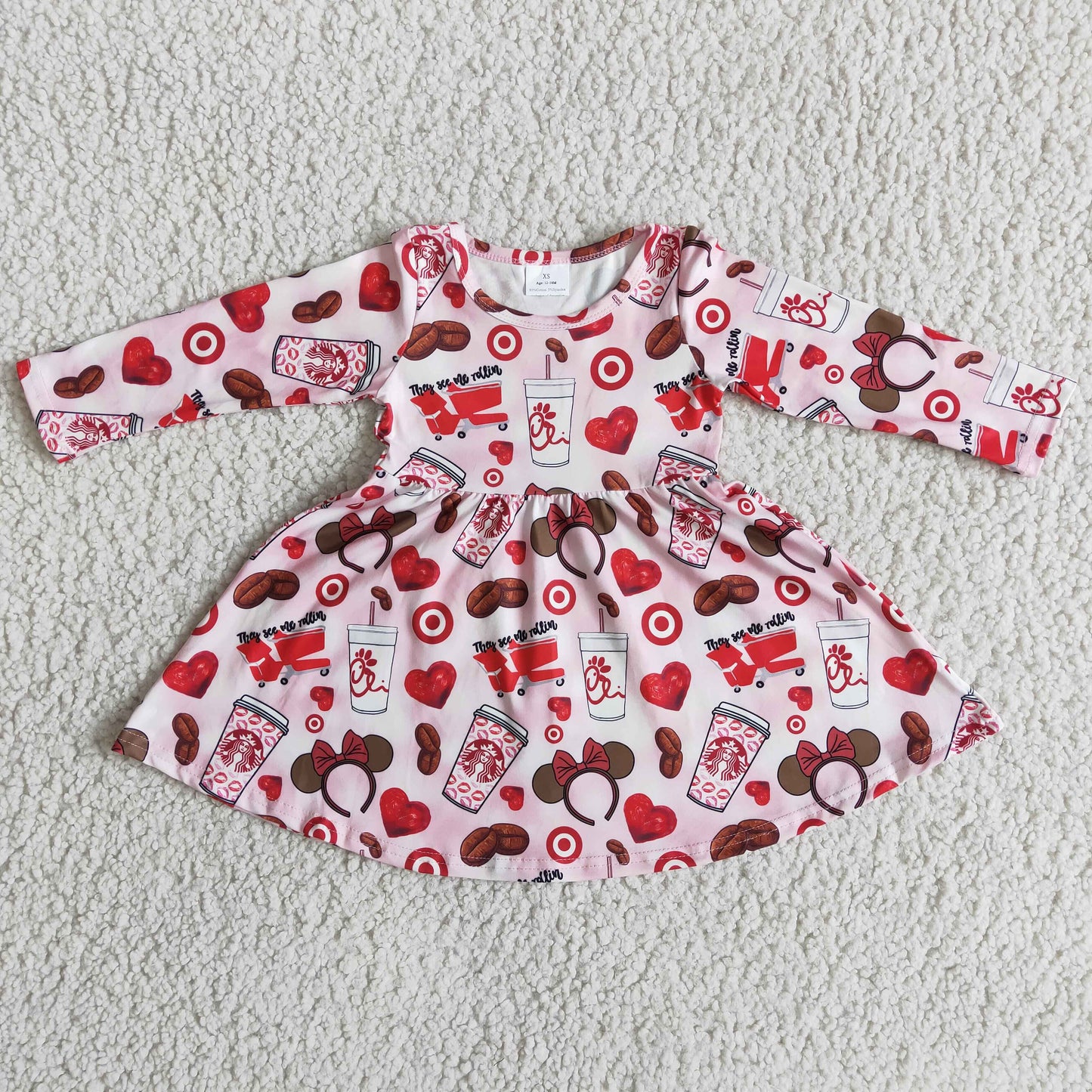Promotion Baby Girl Long Sleeves Heart Cartoon Valentine's Twirl Dress RTS
