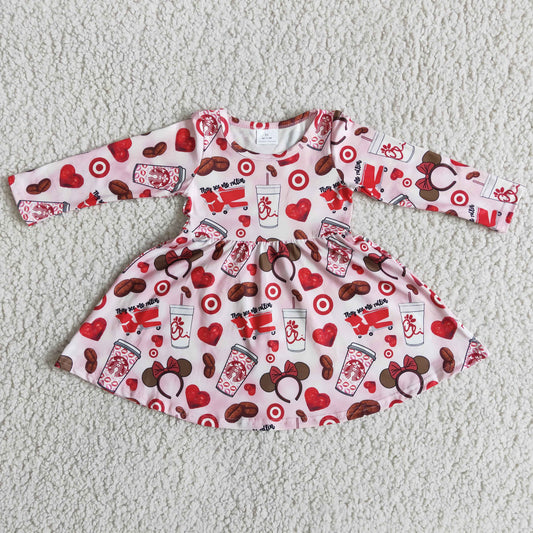 Promotion Baby Girl Long Sleeves Heart Cartoon Valentine's Twirl Dress RTS