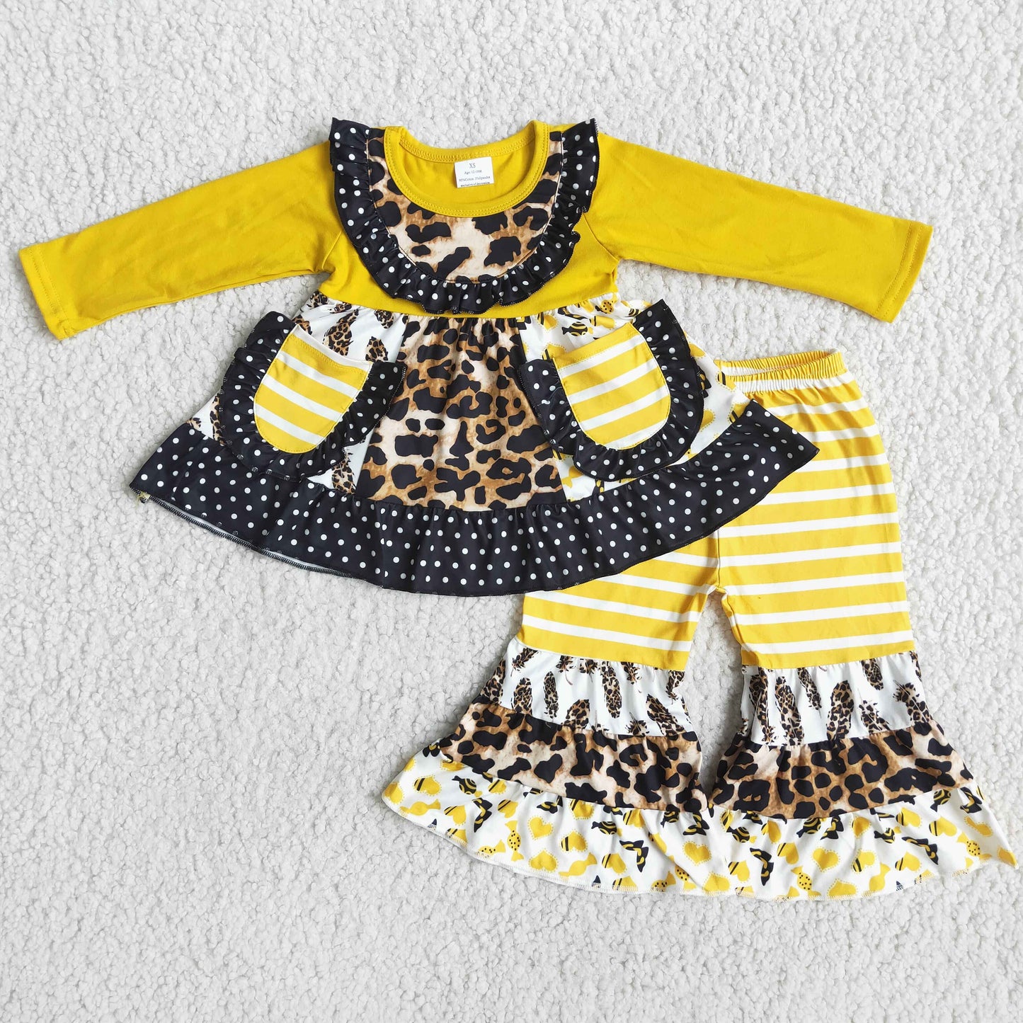 Promotion 6 B5-2 Baby Girl Long Sleeves Pocket Tunic Bell Pants Leopard Outfit