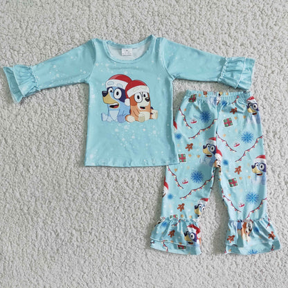 Promotion Baby Boy Blue Long Sleeves Christmas Dog Hoodie Shirt Pants Set