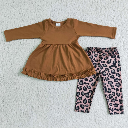 Promotion 6 B6-21 Baby Girl Brown Cotton Tunic Leopard Pants Outfit