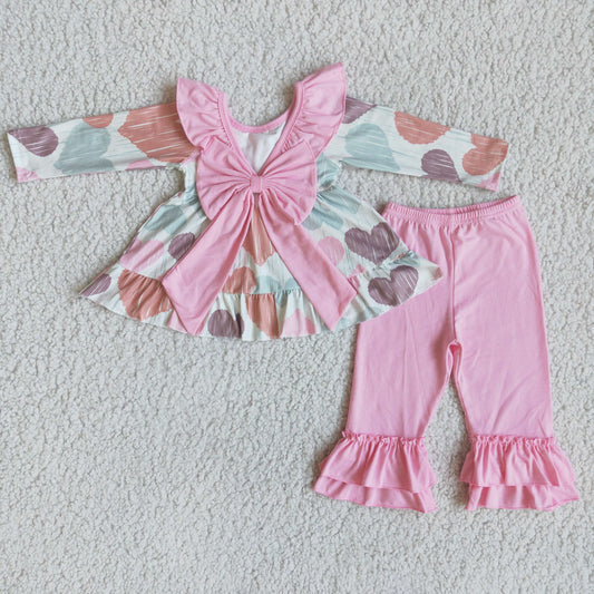 Promotion Baby Girl Kids Hearts Valentine's Bows Tunic Pink Cotton Pants Outfit RTS