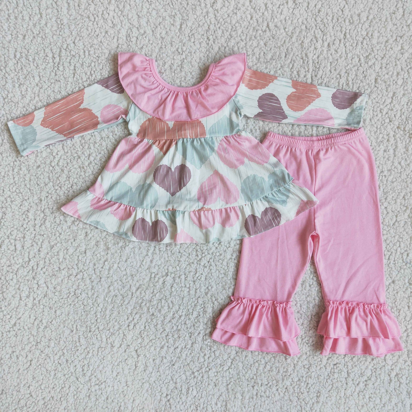 Promotion Baby Girl Kids Hearts Valentine's Bows Tunic Pink Cotton Pants Outfit RTS